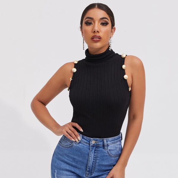 

Funnel Neck Buttoned Armhole Tank Top, Black