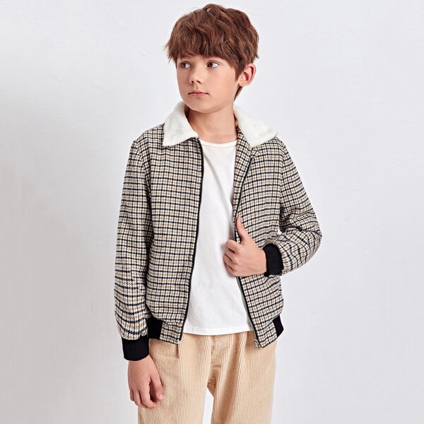 

Boys Contrast Collar Houndstooth Jacket, Multicolor