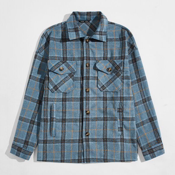 

Men Flap Pocket Single Breasted Plaid Coat, Blue