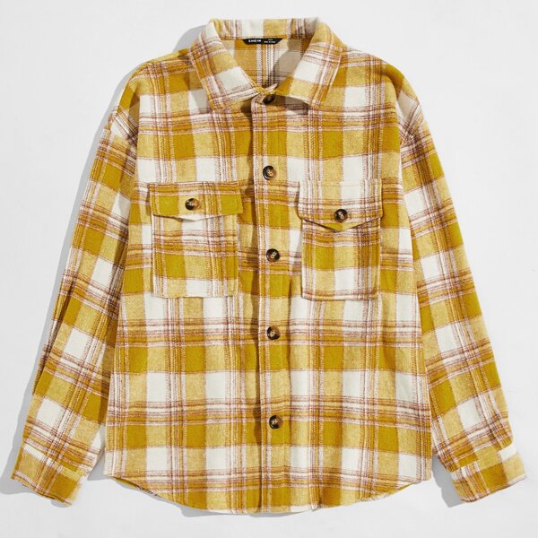 

Men Flap Pocket Single Breasted Plaid Coat, Yellow