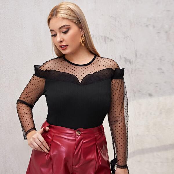 

Plus Ruffle Trim Sheer Mesh Yoke Top, Black