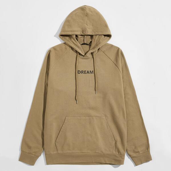 

Men Raglan Sleeve Letter Graphic Drawstring Hoodie, Camel