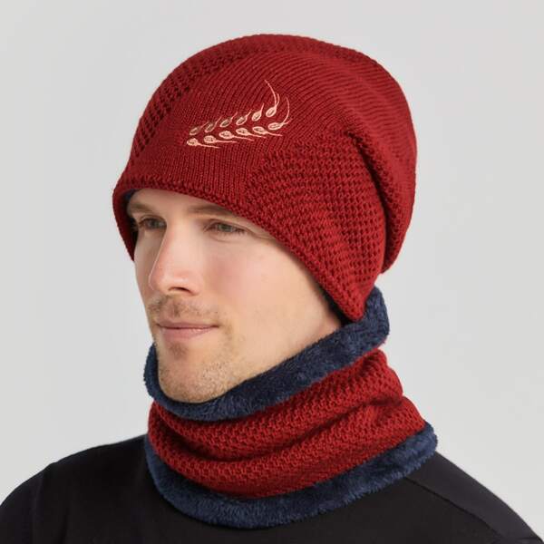 

1pc Men Embroidery Detail Beanie & 1pc Scarf, Red