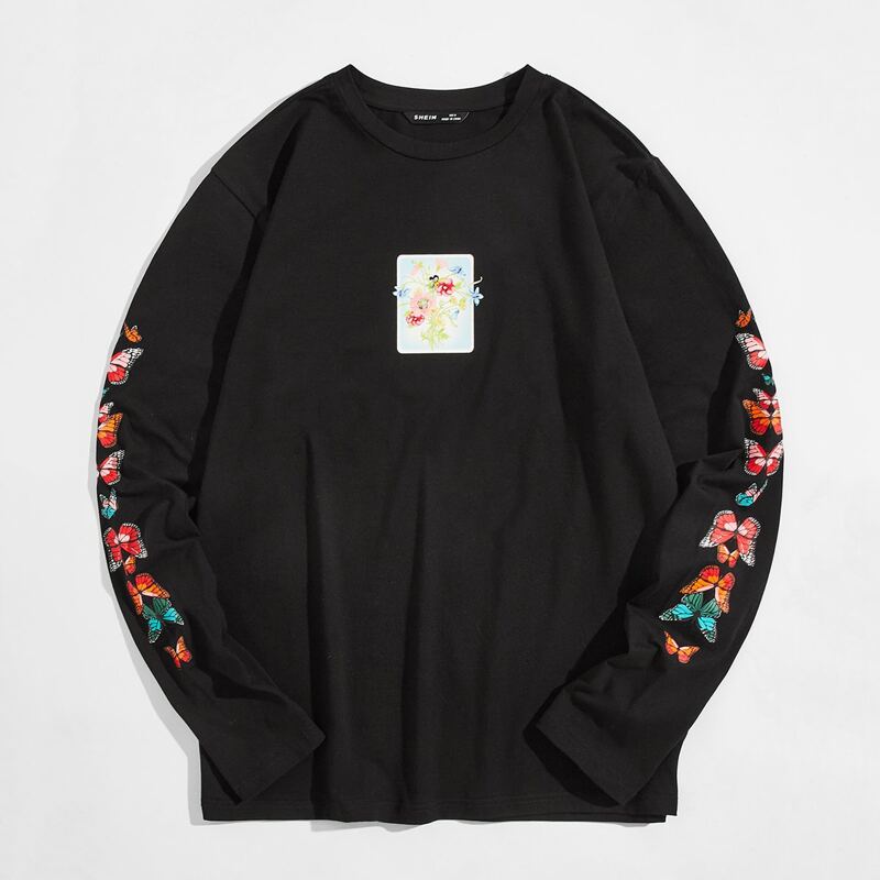 

Guys Drop Shoulder Butterfly & Floral Print Tee, Black