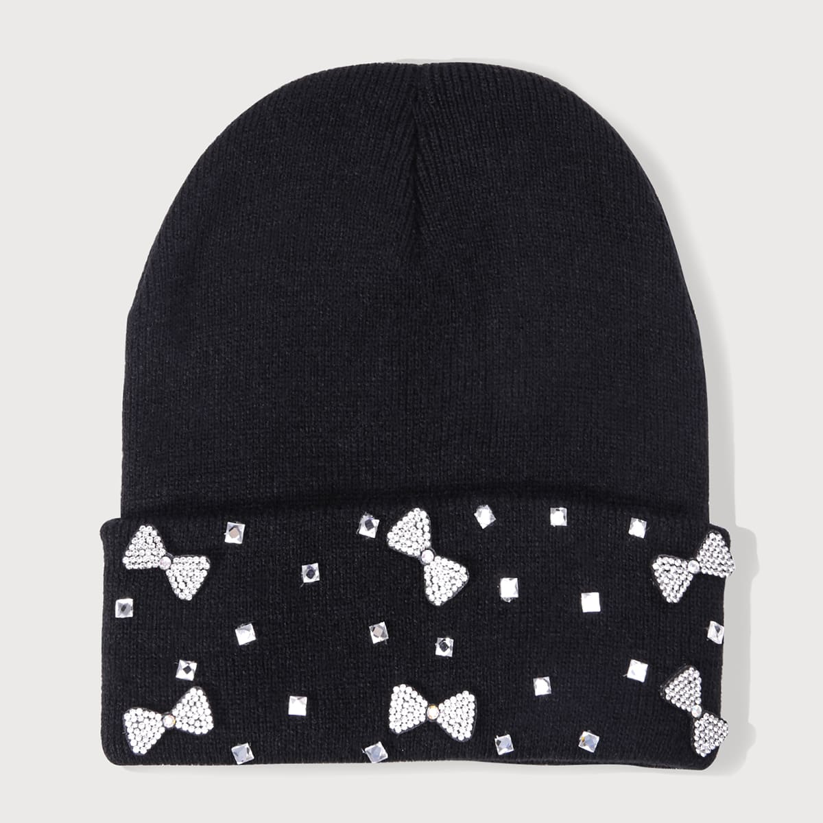 

Rhinestone Bow Knit Beanie, Black