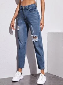 Jeans mom rotos de cintura alta sin cinturón - Azul lavado medio - Ver 1