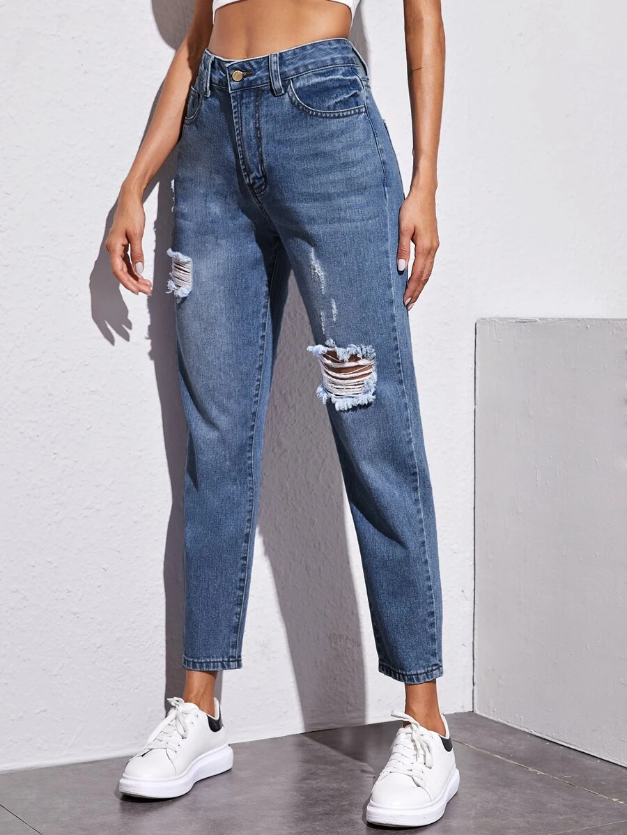 Jeans mom rotos de cintura alta sin cinturón - Azul lavado medio - Ver 1