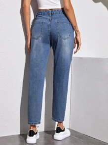 Jeans mom rotos de cintura alta sin cinturón - Azul lavado medio - Ver 2