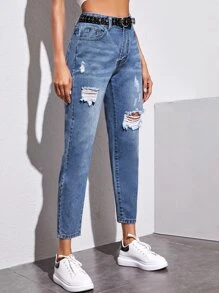 Jeans mom rotos de cintura alta sin cinturón - Azul lavado medio - Ver 4