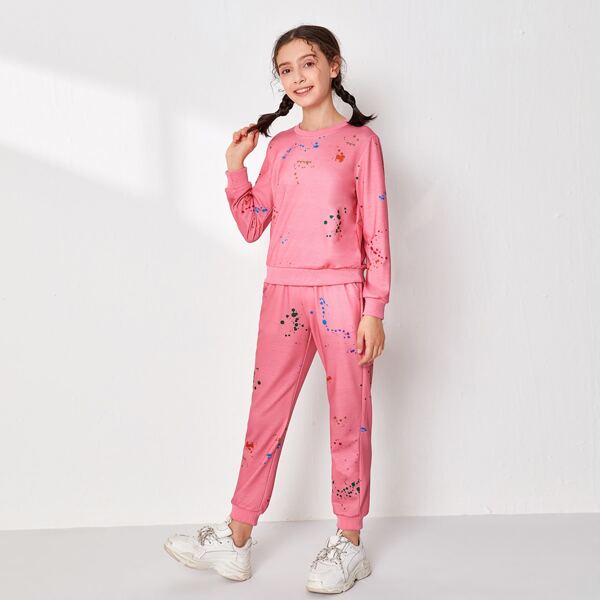 

Girls Graffiti Print Pullover & Joggers Set, Pink