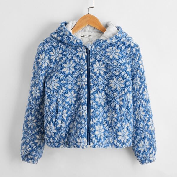 

Girls Zipper Front Christmas Pattern Teddy Jacket, Blue and white