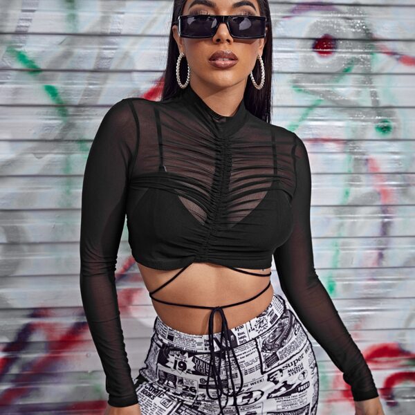 

Crisscross Tie Front Ruched Mesh Top Without Bra, Black