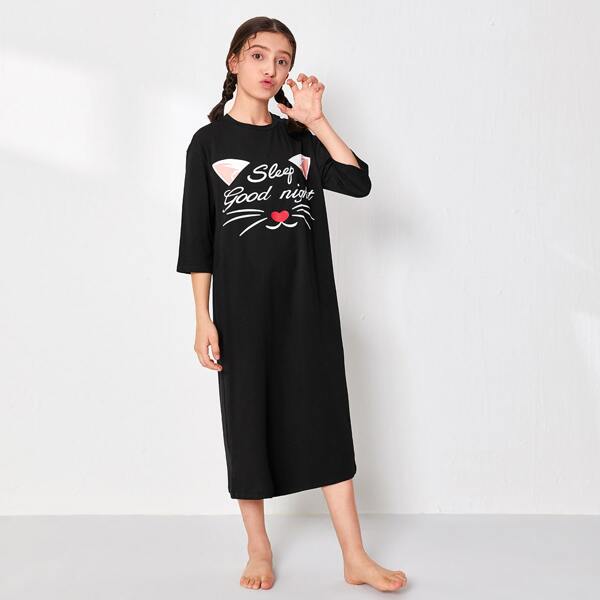 

Girls Drop Shoulder Slogan & Cartoon Graphic Nightdress, Black