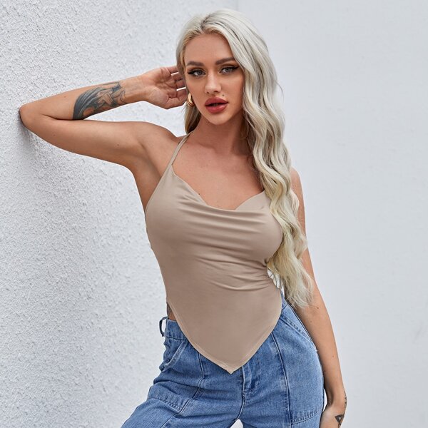 

Cowl Neck Open Back Bandana Halter Top, Khaki