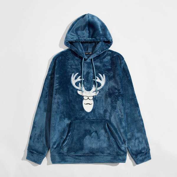 

Men Embroidery Front Pouch Pocket Flannel Hoodie, Dusty blue