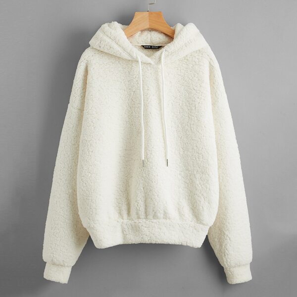 

Drop Shoulder Teddy Drawstring Hoodie, Beige