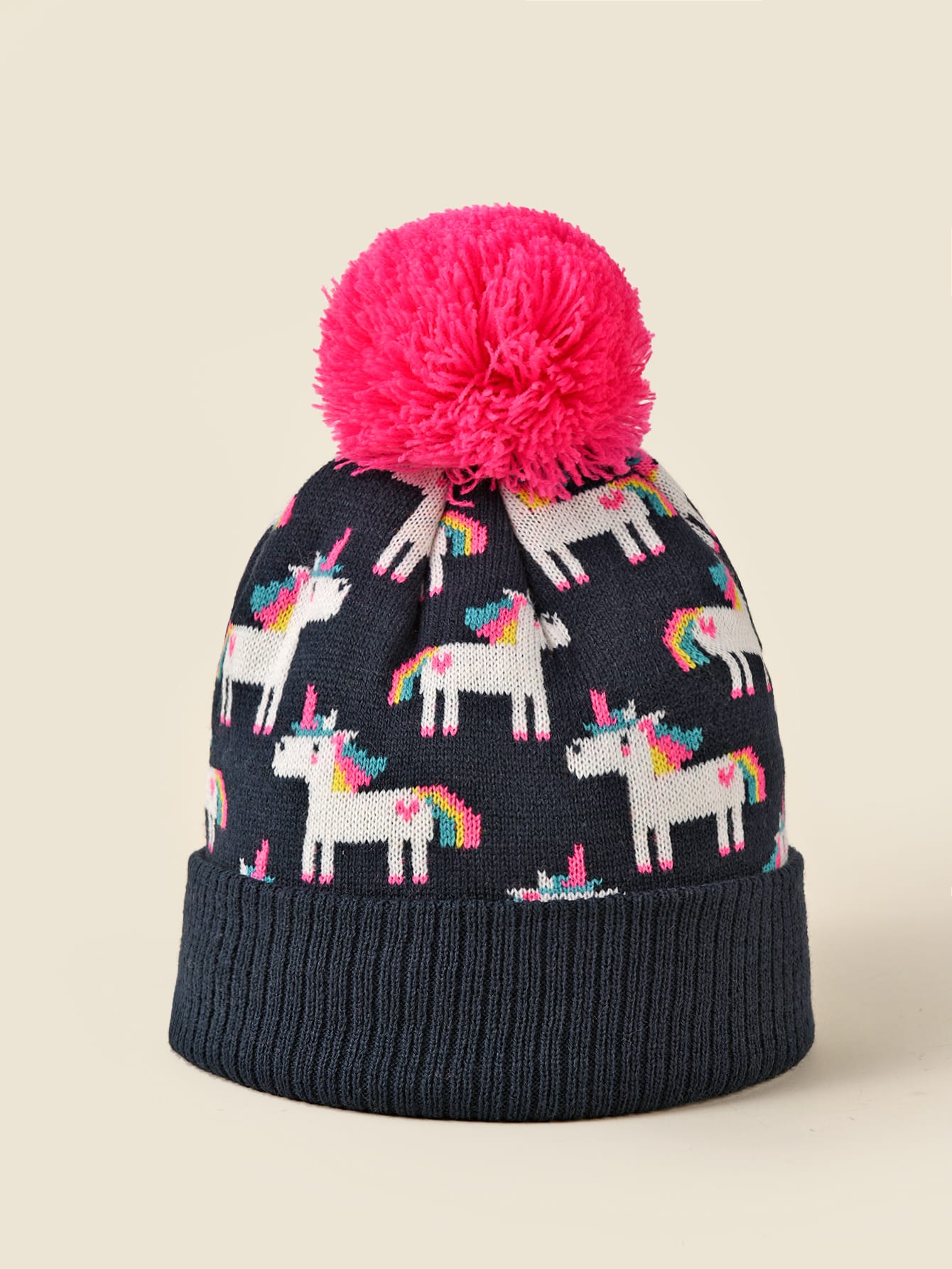 ready to ship with or without pompom Childrens size 1-3 years Blue with White Unicorns Pompom Beanie Hat