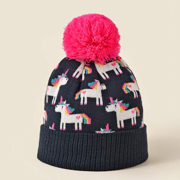 

Toddler Girls Pom Pom Decor Unicorn Pattern Beanie, Navy blue