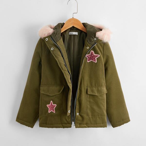 

Girls Star Patched Detail Fuzzy Hooded Jacket, Army green