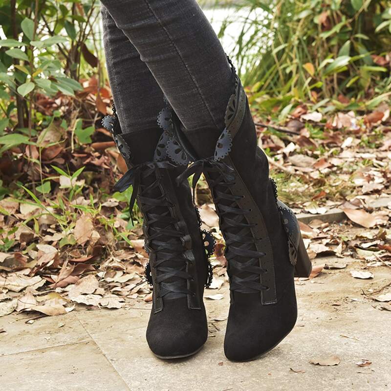 

Lace-up Front Chunky Heeled Boots, Black