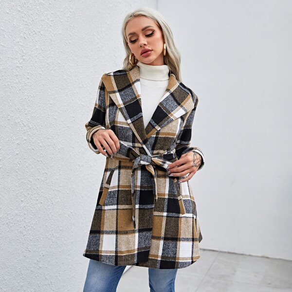 

Waterfall Collar Belted Plaid Coat, Multicolor