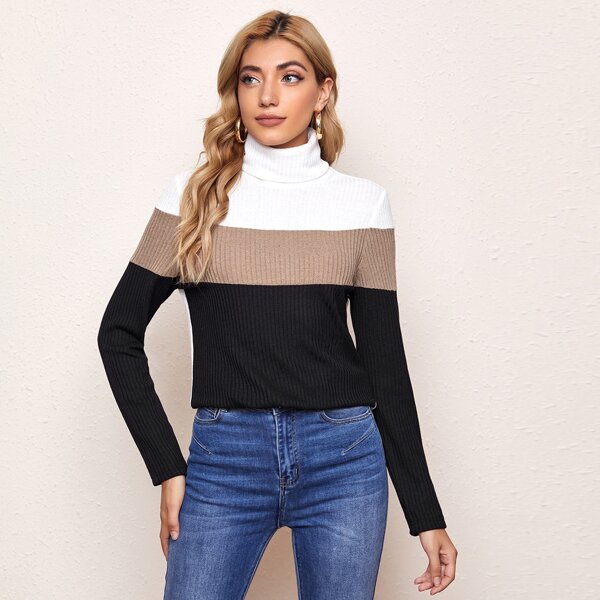 

High Neck Rib-knit Colorblock Tee, Multicolor
