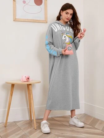 Drop Shoulder Unicorn & Letter Print Hooded Sweatshirt Dress