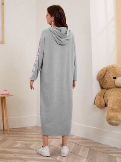 Drop Shoulder Unicorn & Letter Print Hooded Sweatshirt Dress