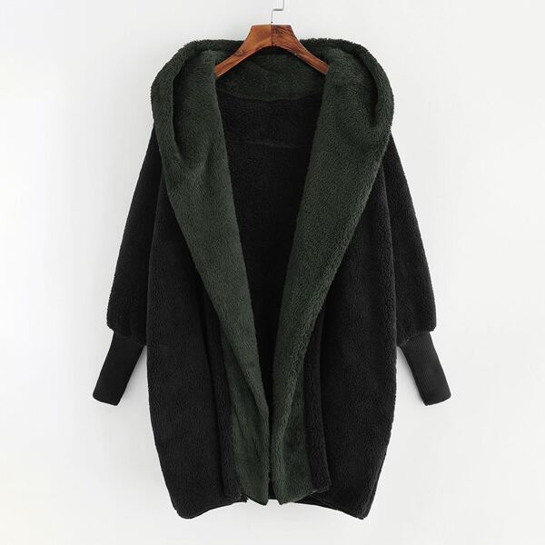 

Plus Open Front Hooded Teddy Coat, Multicolor