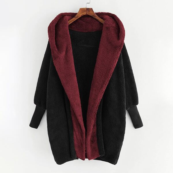 

Plus Open Front Hooded Teddy Coat, Multicolor