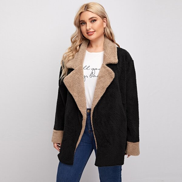 

Plus Contrast Panel Lapel Neck Teddy Coat, Black