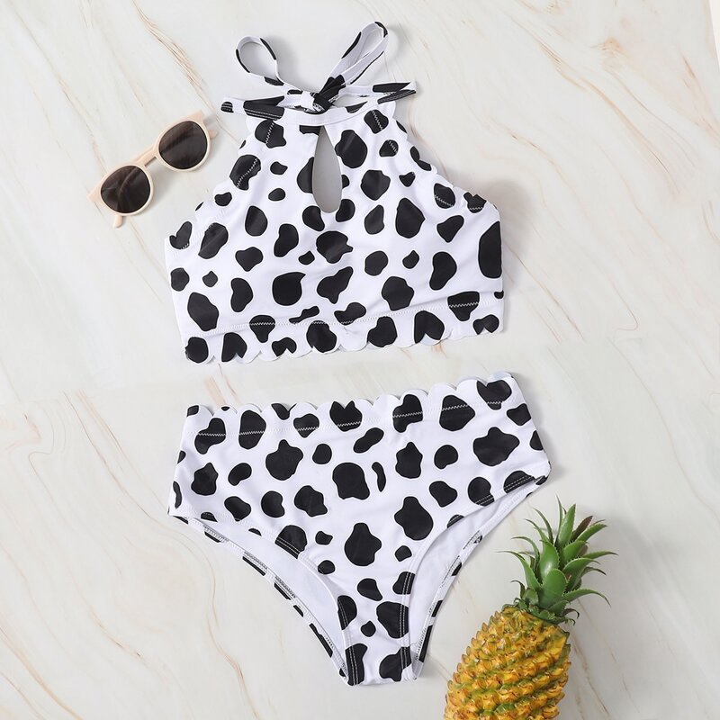 

Cow Print Scallop High Waist Bikini Swimsuit, Black and white