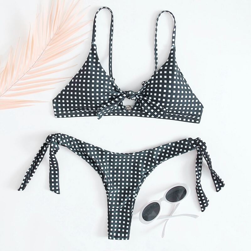 

Plaid Tie Side Bikini Swimsuit, Black and white