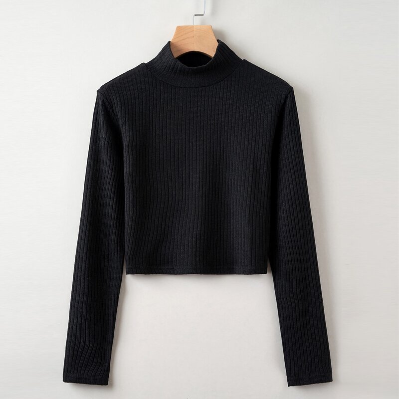 

Solid Ribbed Mock Neck Crop Tee, Black