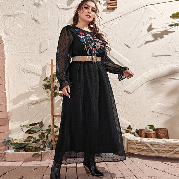 

Plus Swiss Dot Floral Embroidery Dress Without Belt, Black