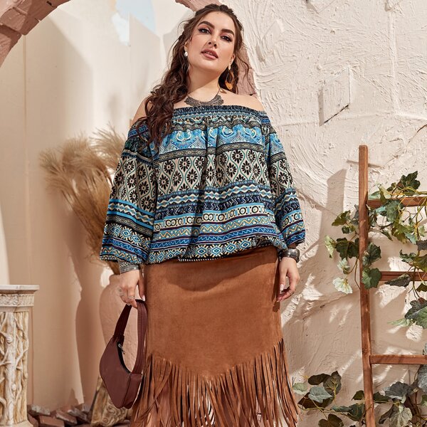 

Plus Tribal Print Bardot Blouse, Multicolor