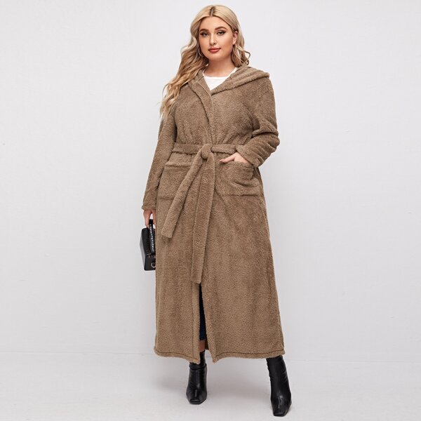 

Plus Dual Pocket Belted Hooded Teddy Coat, Mocha brown