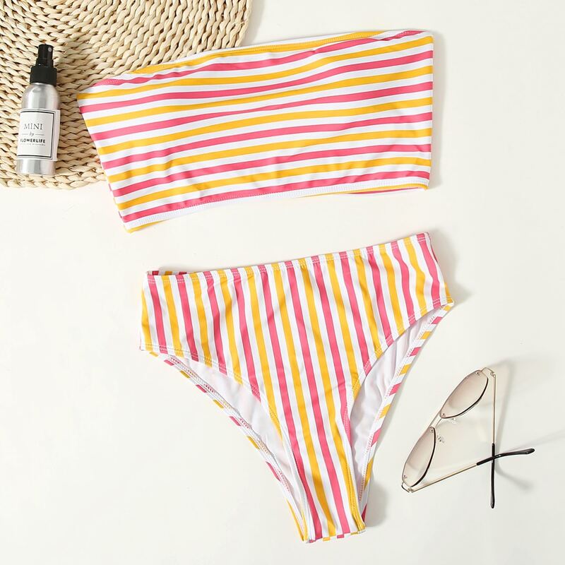 

Striped High Waist Bikini Swimsuit, Multicolor