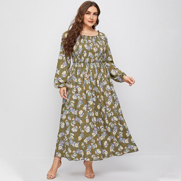 

Plus Floral Shirred Bishop Sleeve Maxi Dress, Multicolor