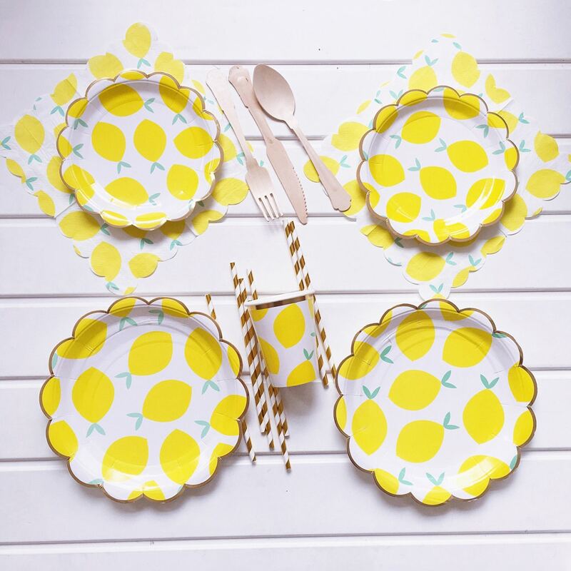 

8pcs 7 Inch Lemon Print Disposable Plate, Multicolor