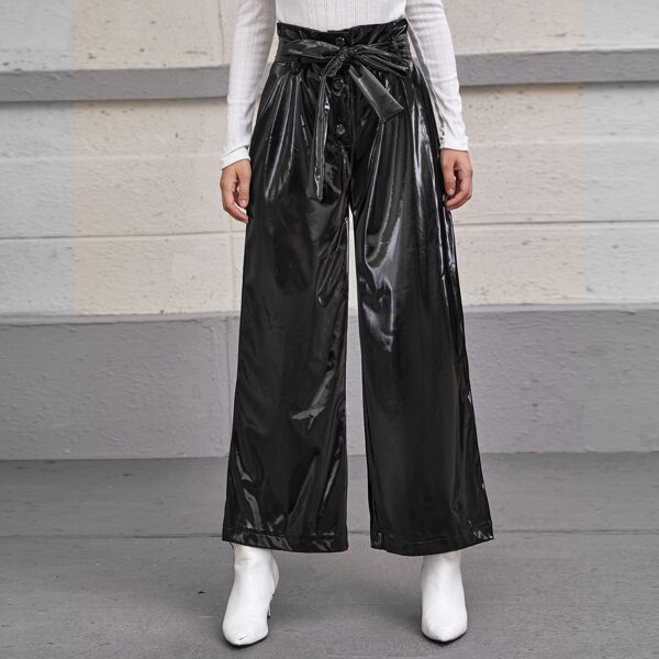 

Paperbag Waist Belted PU Leather Wide Leg Pants, Black