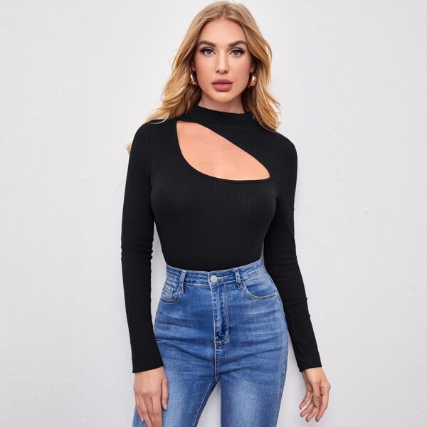 

Mock Neck Cutout Detail Rib-knit Tee, Black