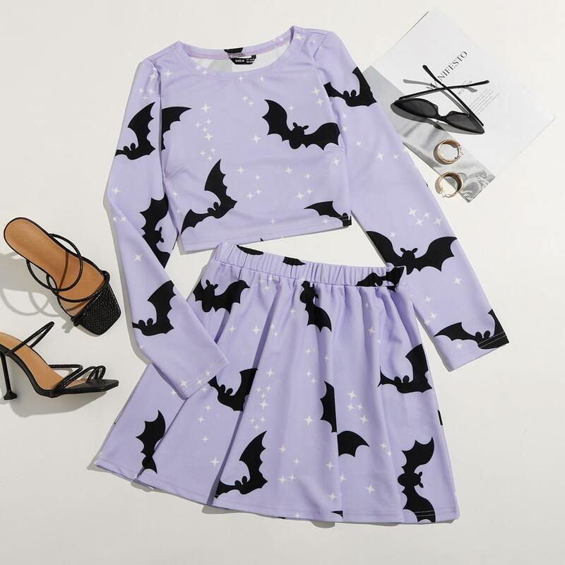 

Bat and Star Print Crop Top & Skirt Set, Lilac purple