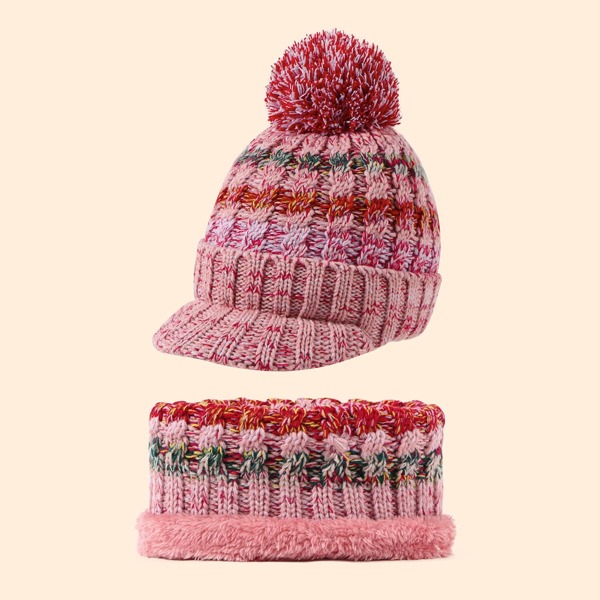 

2pcs Pom Pom Decor Hat & Infinity Scarf, Pink