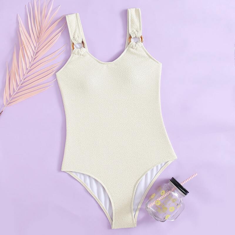 

Solid Ring Linked One Piece Swimsuit, Beige