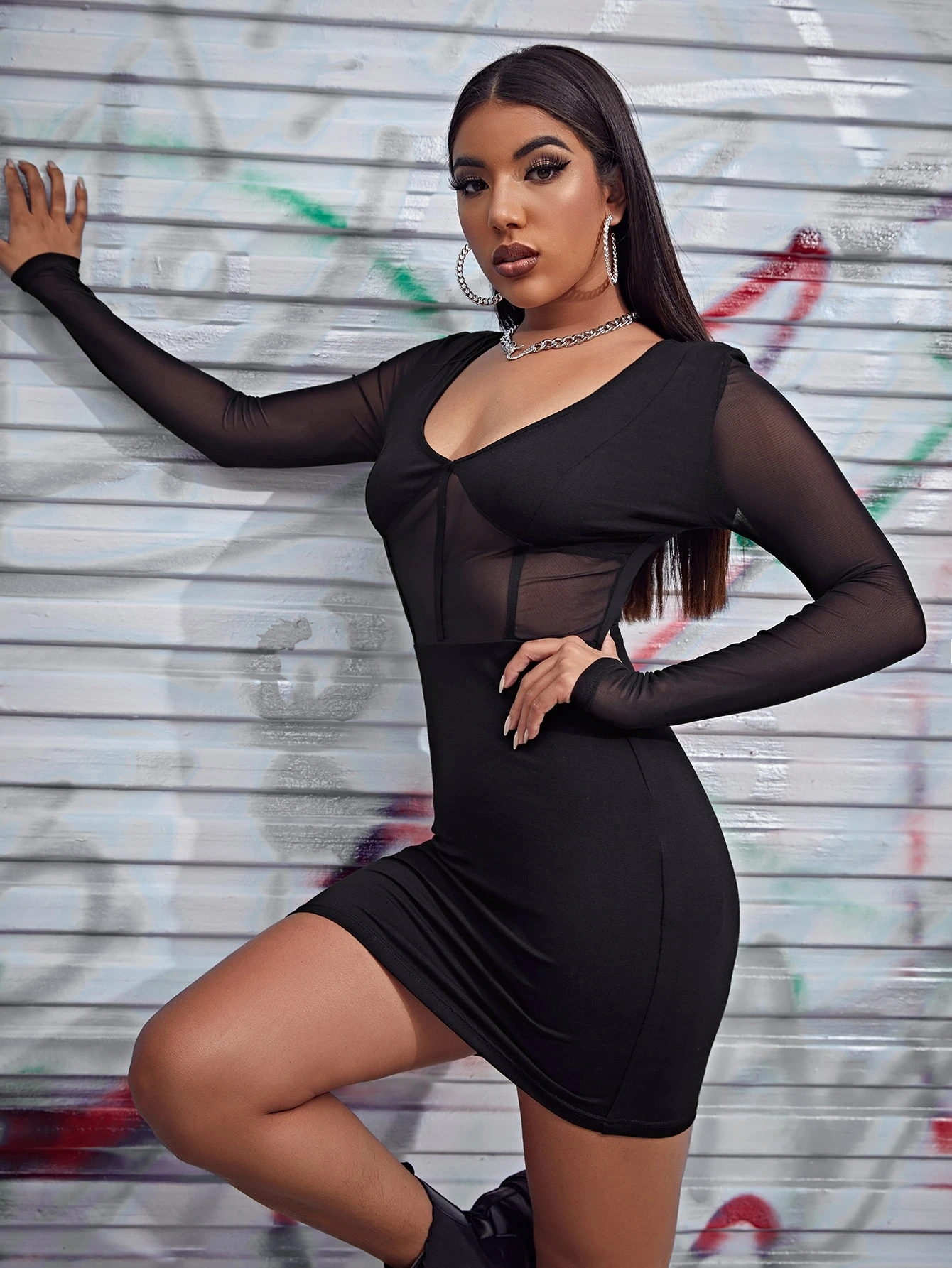 black sheer mesh square neck binding detail bodycon dress Women's SEXY Black Sheer Mesh Eyelash Lace Asymmetric Bodycon Mini Party  Dress