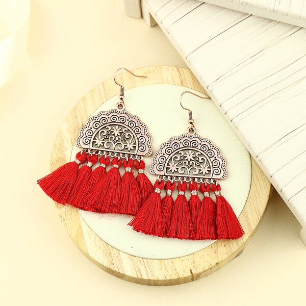 

Tassel Charm Drop Earrings, Red
