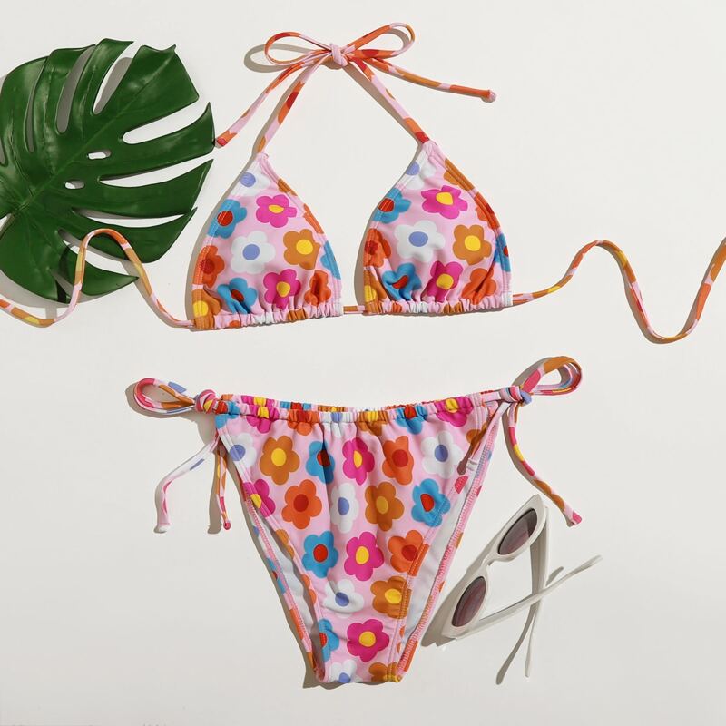 

Floral Tie Side Bikini Swimsuit, Multicolor