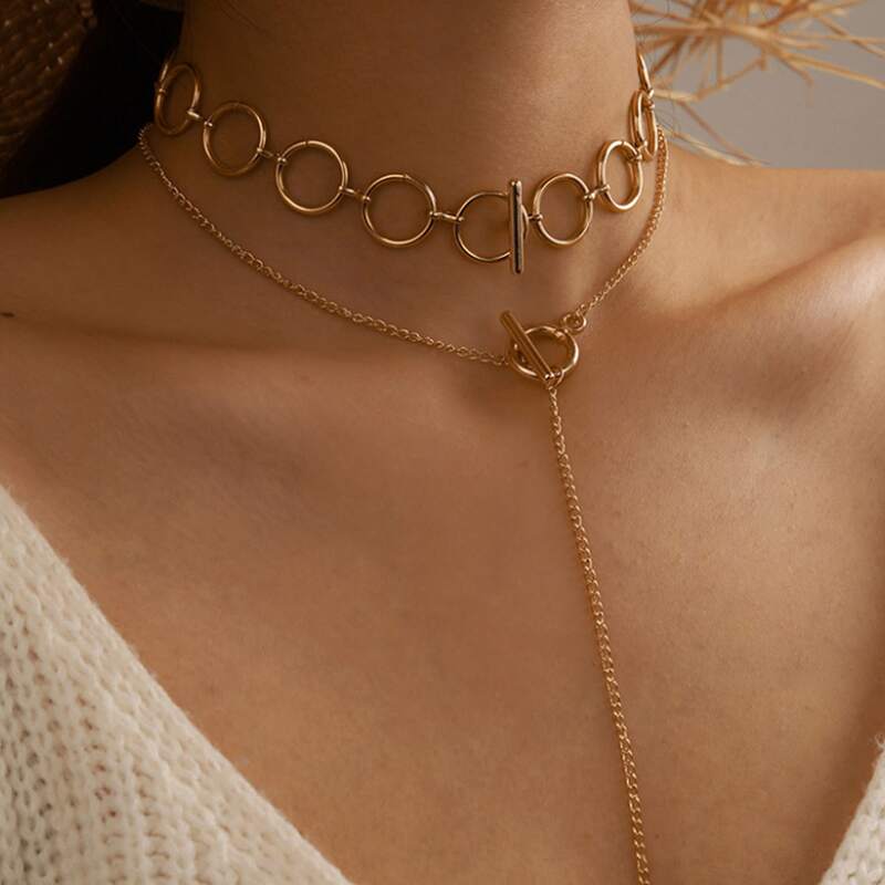 

Ring Choker Lariat Necklace, Gold
