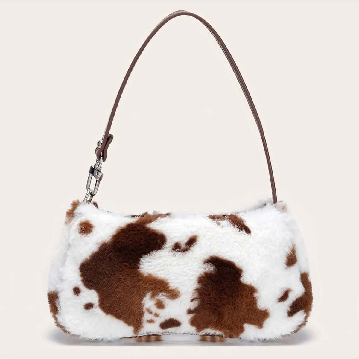 

Cow Print Faux Fur Baguette Bag, Brown